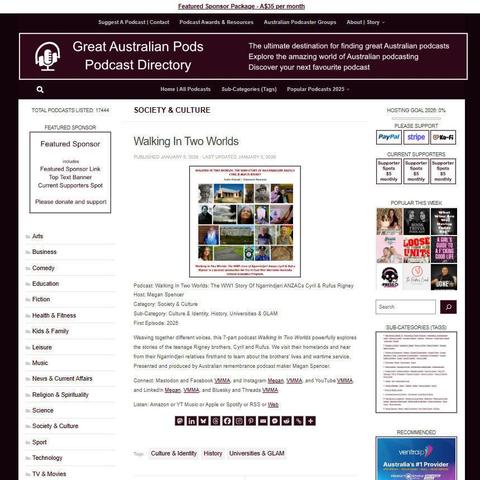 Walking In Two Worlds: The WW1 Story Of Ngarrindjeri ANZACs Cyril & Rufus Rigney
Screenshot of the podcast listing on the Great Australian Pods website

