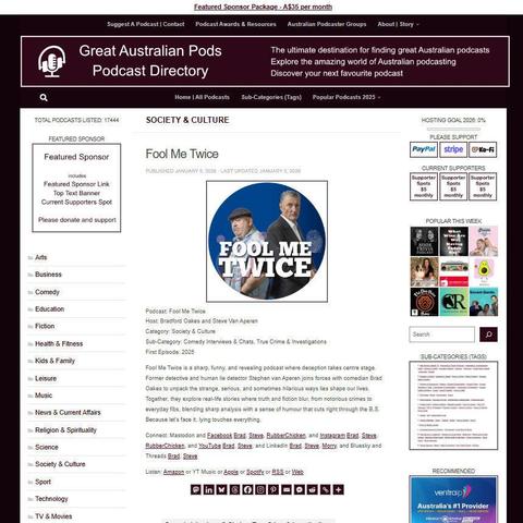 Fool Me Twice
Screenshot of the podcast listing on the Great Australian Pods website