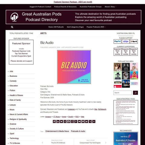Biz Audio 
Screenshot of the podcast listing on the Great Australian Pods website