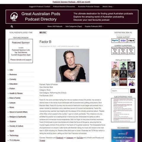 Factor B Podcast
Screenshot of the podcast listing on the Great Australian Pods website