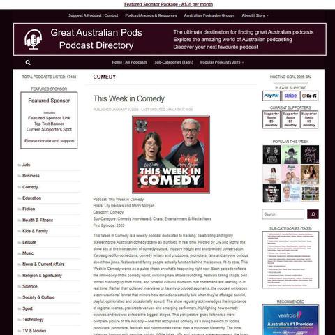 This Week in Comedy
Screenshot of the podcast listing on the Great Australian Pods website