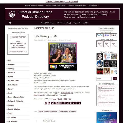Talk Therapy To Me
Screenshot of the podcast listing on the Great Australian Pods website