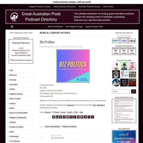 Biz Politics
Screenshot of the podcast listing on the Great Australian Pods website