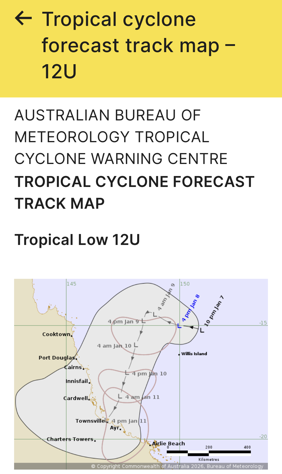 Tracking map from bureau of meteorology  showing cyclone to potentially hit North Queensland just below Townsville. Possibly as soon as Sunday. 