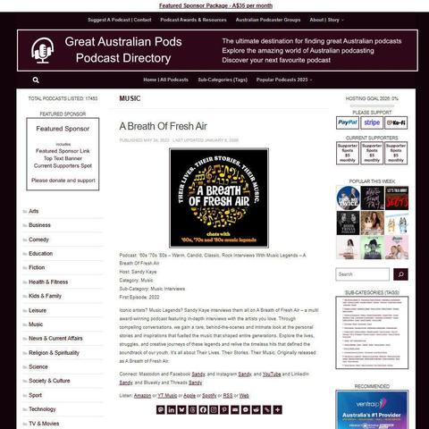 '60s '70s '80s - Warm, Candid, Classic, Rock Interviews With Music Legends - A Breath Of Fresh Air
Screenshot of the podcast listing on the Great Australian Pods website