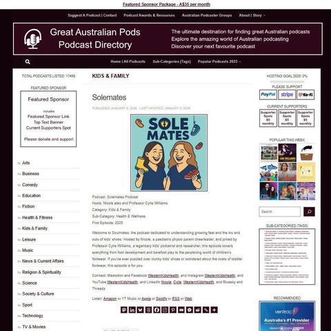 Solemates Podcast
Screenshot of the podcast listing on the Great Australian Pods website