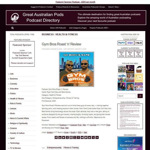 Gym Bros Roast 'n' Review
Screenshot of the podcast listing on the Great Australian Pods website
