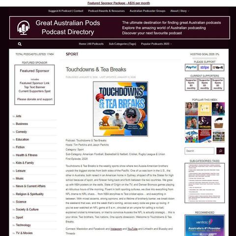 Touchdowns & Tea Breaks
Screenshot of the podcast listing on the Great Australian Pods website