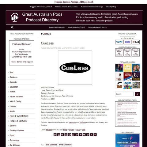 CueLess
Screenshot of the podcast listing on the Great Australian Pods website