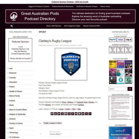 Clarkey's Rugby League Podcast
Screenshot of the podcast listing on the Great Australian Pods website