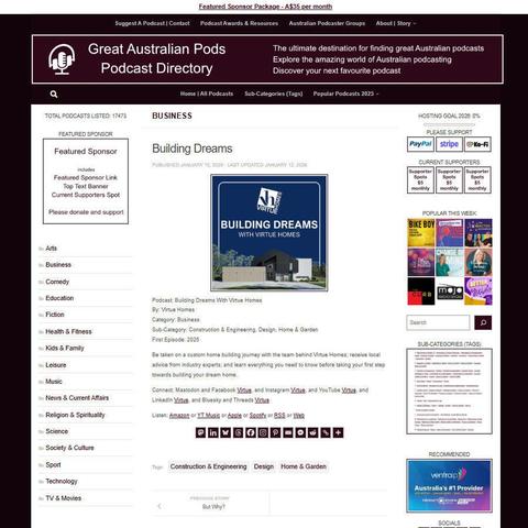 Building Dreams With Virtue Homes
Screenshot of the podcast listing on the Great Australian Pods website