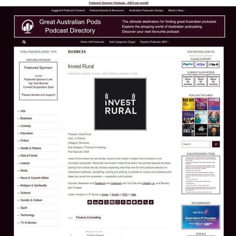 Invest Rural
Screenshot of the podcast listing on the Great Australian Pods website