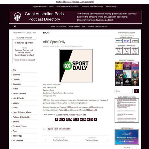 ABC Sport Daily
Screenshot of the podcast listing on the Great Australian Pods website