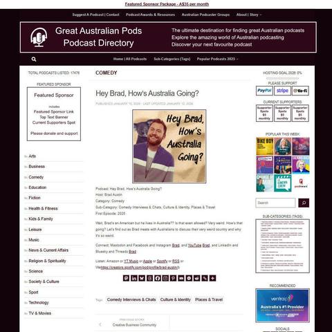 Hey Brad, How's Australia Going?
Screenshot of the podcast listing on the Great Australian Pods website