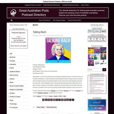 Talking Bach
Screenshot of the podcast listing on the Great Australian Pods website