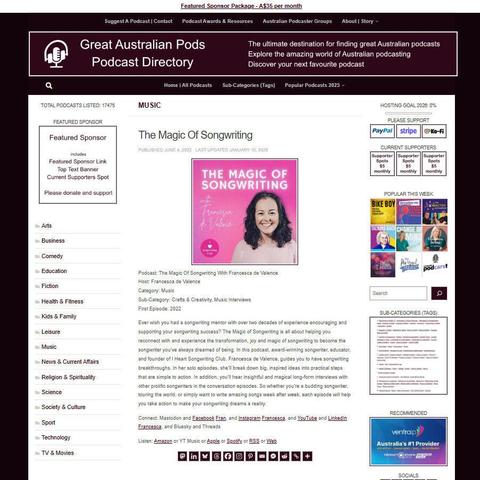 The Magic Of Songwriting With Francesca de Valence 
Screenshot of the podcast listing on the Great Australian Pods website