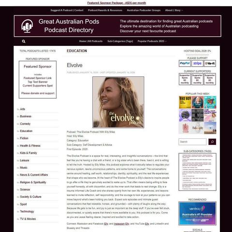 The Elvolve Podcast With Elly Miles
Screenshot of the podcast listing on the Great Australian Pods website