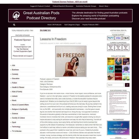 Lessons In Freedom
Screenshot of the podcast listing on the Great Australian Pods website