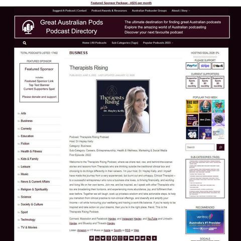 Therapists Rising Podcast
Screenshot of the podcast listing on the Great Australian Pods website