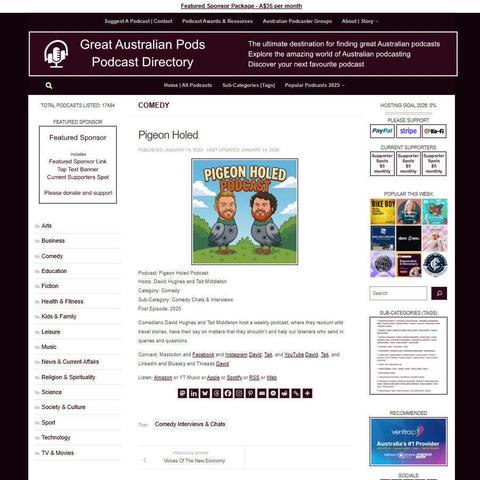 Pigeon Holed Podcast
Screenshot of the podcast listing on the Great Australian Pods website