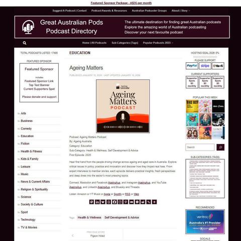 Ageing Matters Podcast
Screenshot of the podcast listing on the Great Australian Pods website