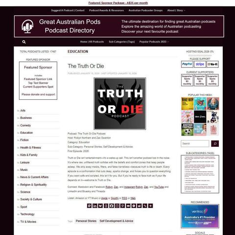 The Truth Or Die Podcast
Screenshot of the podcast listing on the Great Australian Pods website