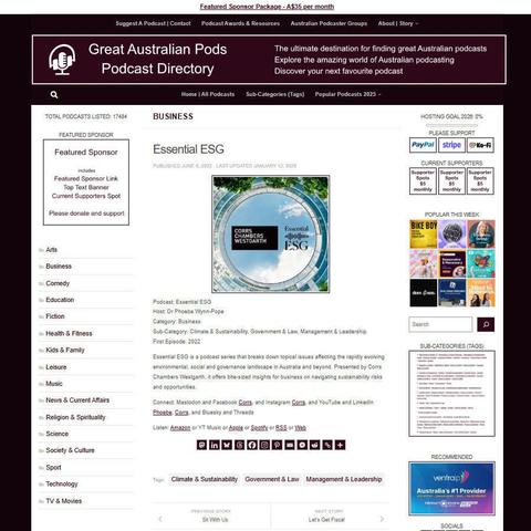 Essential ESG
Screenshot of the podcast listing on the Great Australian Pods website