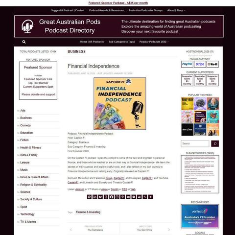 Financial Independence Podcast
Screenshot of the podcast listing on the Great Australian Pods website