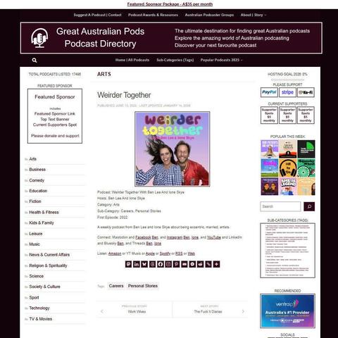 Weirder Together With Ben Lee And Ione Skye 
Screenshot of the podcast listing on the Great Australian Pods website