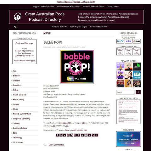 Babble POP!
Screenshot of the podcast listing on the Great Australian Pods website