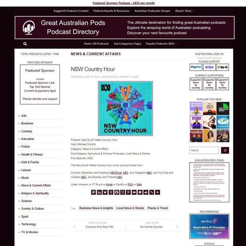 New South Wales Country Hour
Screenshot of the podcast listing on the Great Australian Pods website