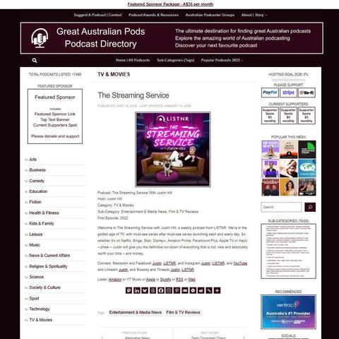 The Streaming Service With Justin Hill 
Screenshot of the podcast listing on the Great Australian Pods website