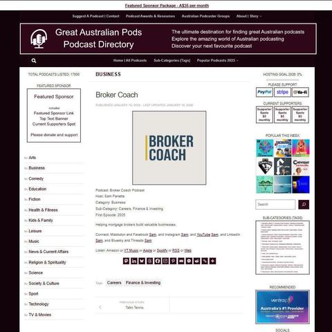 Broker Coach Podcast
Screenshot of the podcast listing on the Great Australian Pods website