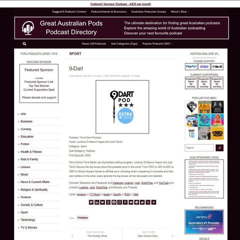 The 9-Dart Podcast
Screenshot of the podcast listing on the Great Australian Pods website