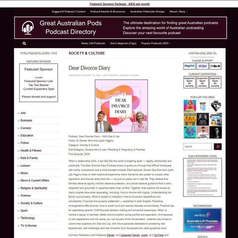Dear Divorce Diary - With Daz & Jop
Screenshot of the podcast listing on the Great Australian Pods website