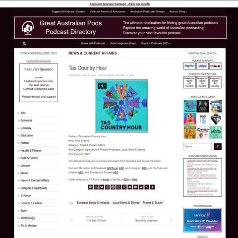 Tasmanian Country Hour
Screenshot of the podcast listing on the Great Australian Pods website