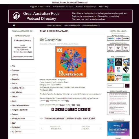 South Australian Country Hour 
Screenshot of the podcast listing on the Great Australian Pods website