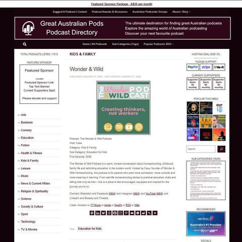 The Wonder & Wild Podcast
Screenshot of the podcast listing on the Great Australian Pods website