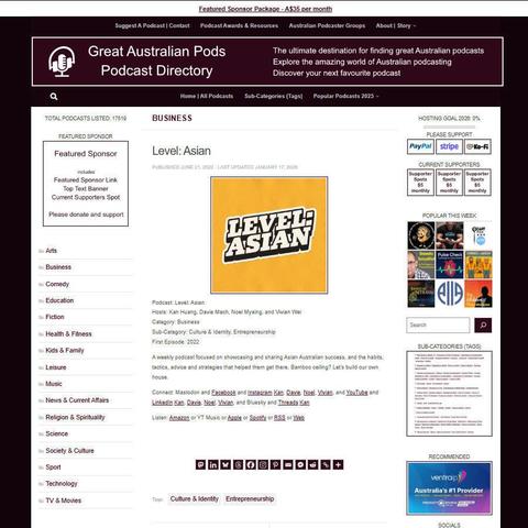 Level: Asian
Screenshot of the podcast listing on the Great Australian Pods website