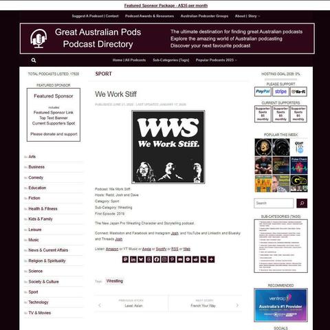 We Work Stiff
Screenshot of the podcast listing on the Great Australian Pods website