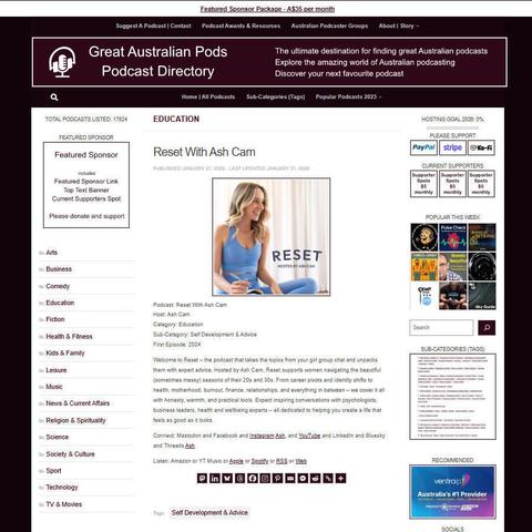 Reset With Ash Cam
Screenshot of the podcast listing on the Great Australian Pods website