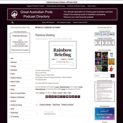 Rainbow Briefing
Screenshot of the podcast listing on the Great Australian Pods website
