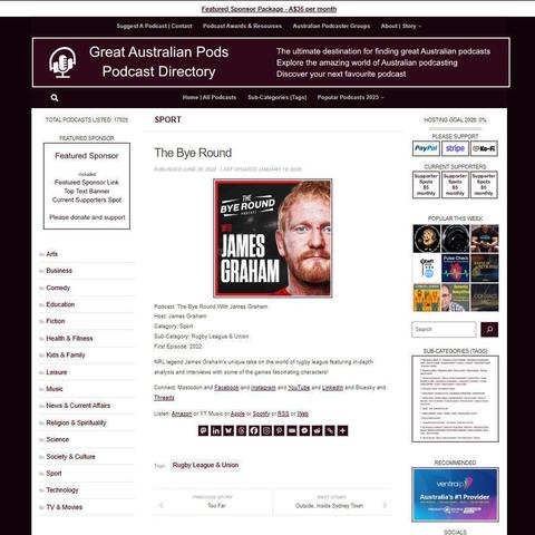 The Bye Round With James Graham
Screenshot of the podcast listing on the Great Australian Pods website