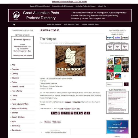 The Hangout Australian Climbing Podcast
Screenshot of the podcast listing on the Great Australian Pods website
