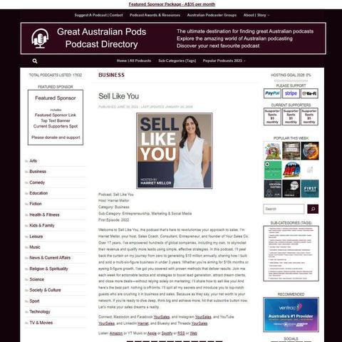 Sell Like You 
Screenshot of the podcast listing on the Great Australian Pods website