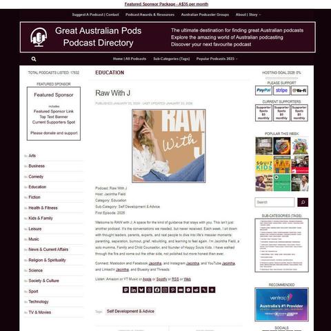 Raw With J
Screenshot of the podcast listing on the Great Australian Pods website