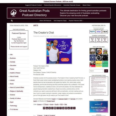 The Creator's Chat
Screenshot of the podcast listing on the Great Australian Pods website