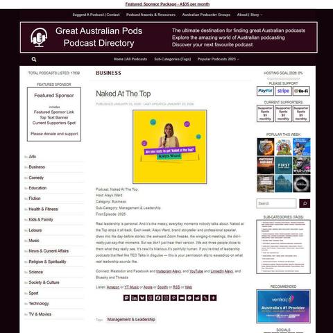 Naked At The Top
Screenshot of the podcast listing on the Great Australian Pods website
