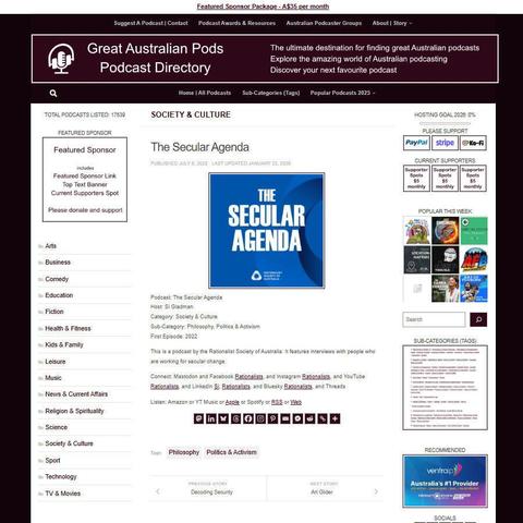The Secular Agenda 
Screenshot of the podcast listing on the Great Australian Pods website