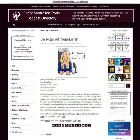 Diet Notes With Susie Burrell
Screenshot of the podcast listing on the Great Australian Pods website